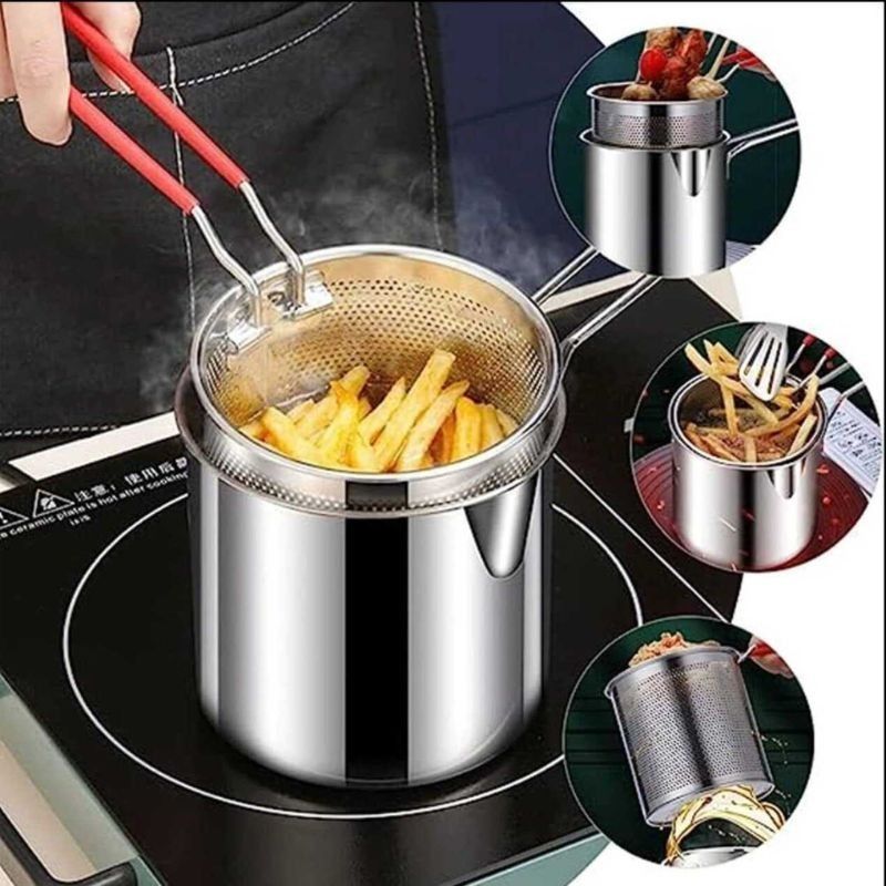 "Stainless Steel Deep Fryer Pot 1.2L – With Oil Strainer Basket for Safe & Easy Frying"
