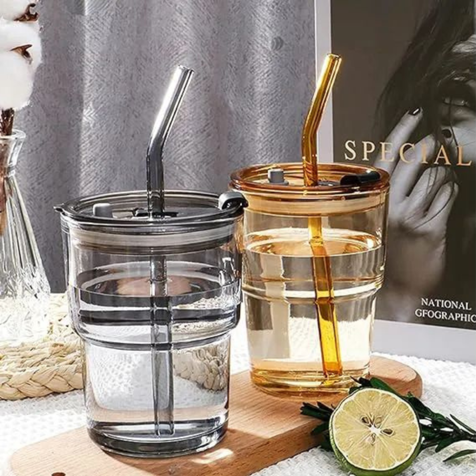 Glass Juice Cup with Straw – 450ml Drinking Tumbler