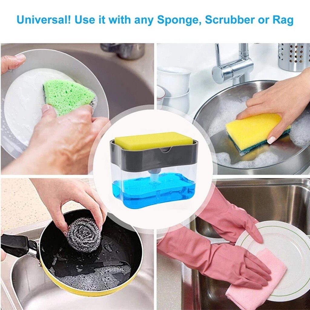 2-in-1 Soap Dispenser with Sponge Holder – Manual Press Liquid Soap Pump for Easy Dishwashing