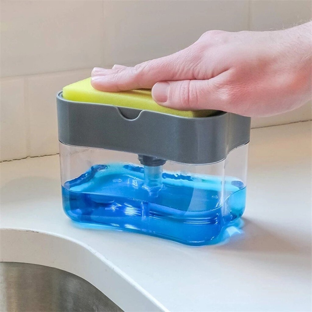 2-in-1 Soap Dispenser with Sponge Holder – Manual Press Liquid Soap Pump for Easy Dishwashing